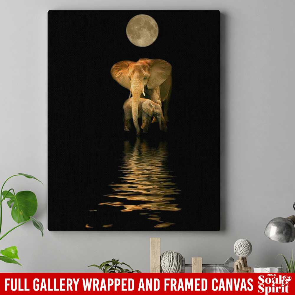 Elephant Canvas - Elephant Mom Daughter Son Under Moon Canvas For Living Room Home Decor